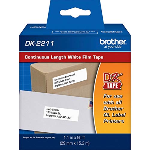 Brother Genuine DK-2211 Continuous Length Black on White Film Tape for Brother QL Label Printers, 1.1" x 50' (29mm x 15.2M), 1 Roll per Box, DK2211