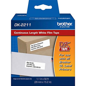 Brother Genuine DK-2211 Continuous Length Black on White Film Tape for Brother QL Label Printers, 1.1" x 50' (29mm x 15.2M), 1 Roll per Box, DK2211