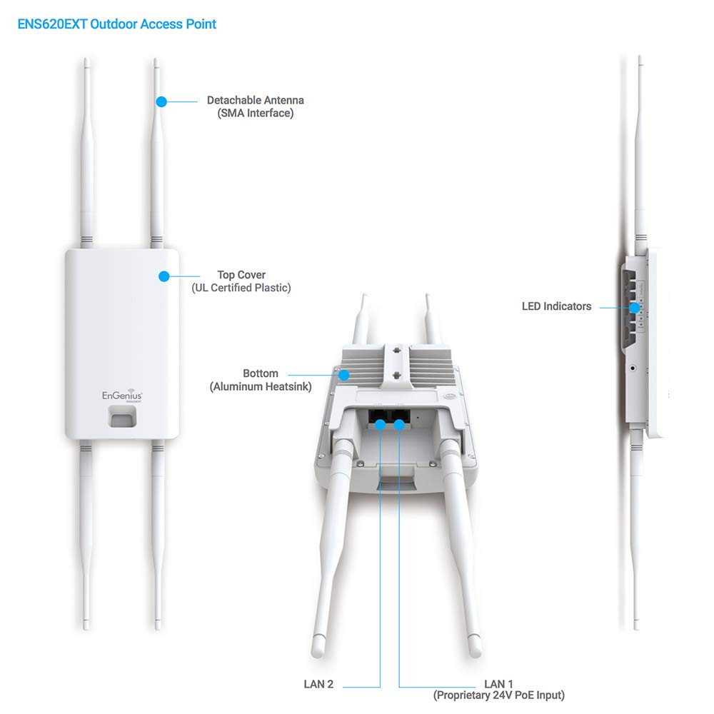 EnGenius 802.11ac Wave 2 2x2 Dual Band, high-powered, Outdoor wireless AP with external detachable antenna, 27dBm, 24V PoE, quad-core CPU, MU-MIMO, Beamforming, IP55 (ENS620EXT)