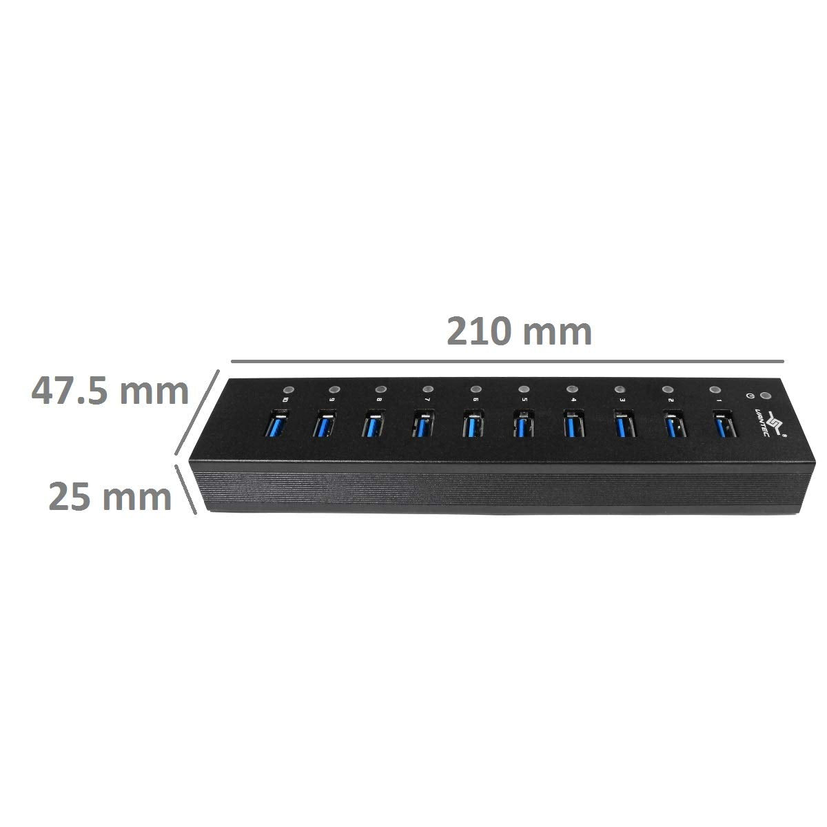 Vantec 10-Port USB 3.0 Hub, Aluminum, Full Powered, Mountable, with All Ports Data & Charging Up to 1.5A, BC 1.2, Premium 12V/5A, 60W Power Adapter (UGT-AH110U3-BK)