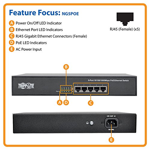 Tripp Lite 5-Port Gigabit Ethernet Switch Rackmount with PoE Metal 1U 10/100/1000Mbps (NG5POE)