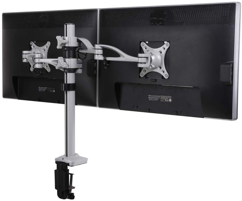 The Fleximounts M13 dual monitor mount. Clamp and grommet attachment hardware included in box. Holds monitors weighing u