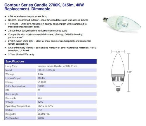 Verbatim Contour Series Candle Warm White 2700K Led Bulb, Replaces 40W 98392