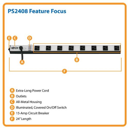 Tripp Lite PS2408 Power Strip 120V 5-15R 8 Outlet 15-Feet Cord Vertical Metal 0URM