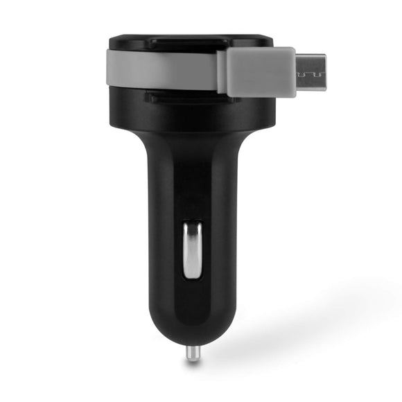 Aluratek Car Charger (4.8A) with Built-in USB Type-C Rolling Ribbon Cable and USB Charging Port (AUCACF)