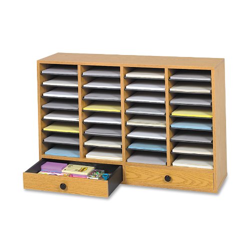 Wood Adjustable Literature Organizer, 32 Compartment with Drawer