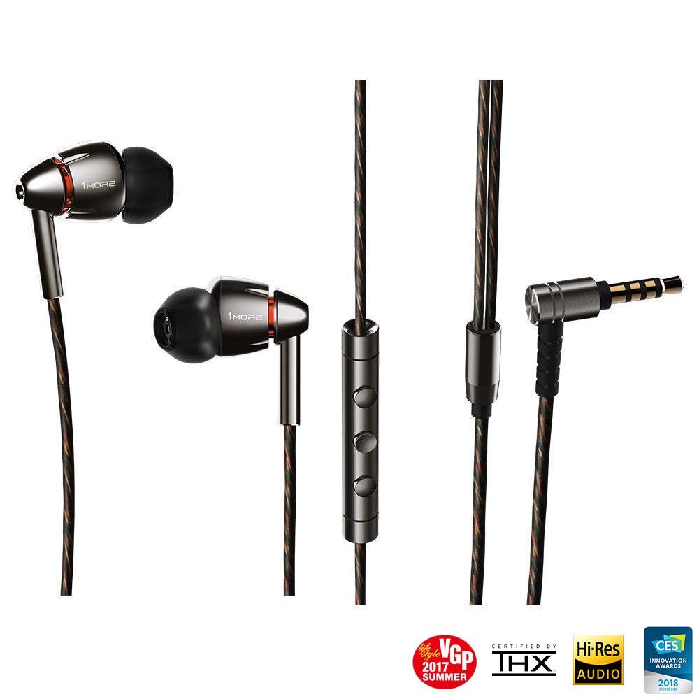 1MORE Quad Driver in-Ear Earphones Hi-Res High Fidelity Headphones Warm Bass, Spacious Reproduction, High Resolution, Mic in-Line Remote Smartphones/PC/Tablet - Silver/Gray