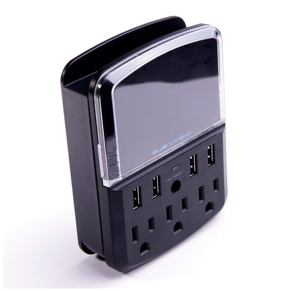Bluediamond 3 Outlets and 4 USB Ports Surge Protector Wall Mount Charging Station - 540 Joules / 3.4Amps - Phone Holder Integrated
