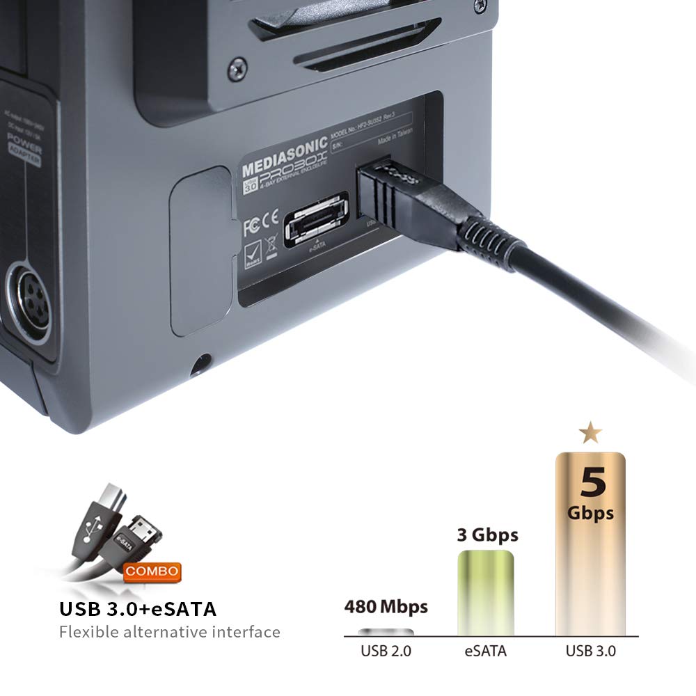 Mediasonic ProBox HF2-SU3S2 4 Bay 3.5" SATA HDD Enclosure - USB 3.0 & eSATA Support SATA 3 6.0Gbps HDD transfer speed