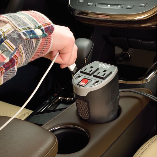 TRIPP LITE 200W Car Power Inverter with 2 Outlets & 2 USB Charging Ports, Cup Holder Design, Auto Inverter, Gray