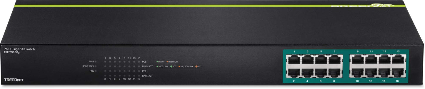 TRENDnet 16-Port Gigabit PoE+ Switch, 16 x Gigabit PoE+ Ports, TPE-TG160g, 246W PoE Power Budget, 32 Gbps Switching Capacity, Desktop Switch, Ethernet Network Switch, Metal, Lifetime Protection