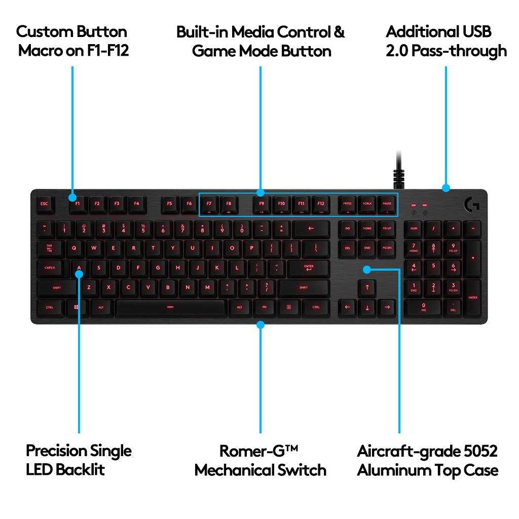Logitech G413 Backlit Mechanical Gaming Keyboard with USB Passthrough, Carbon (920-008300)