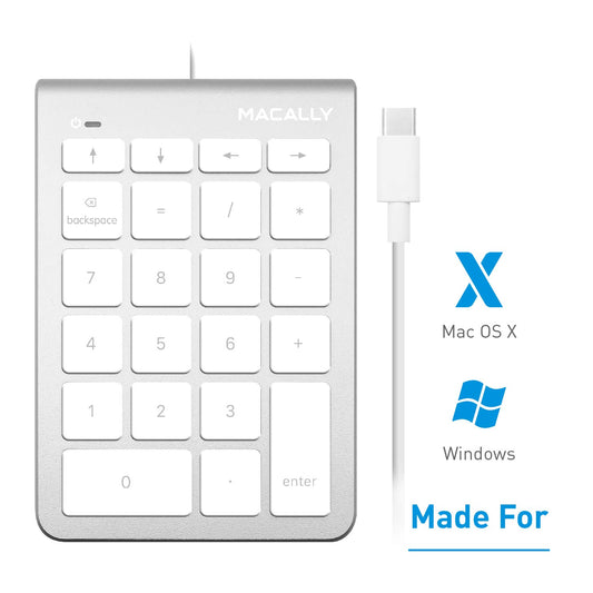 Macally Wired USB C Numeric Keypad Keyboard for Type C Laptop, Apple Mac iMac MacBook Pro/Air, Windows PC, or Desktop Computer with 5 Foot Cable & 22 Key Slim Number Pad Numerical Numpad - Silver