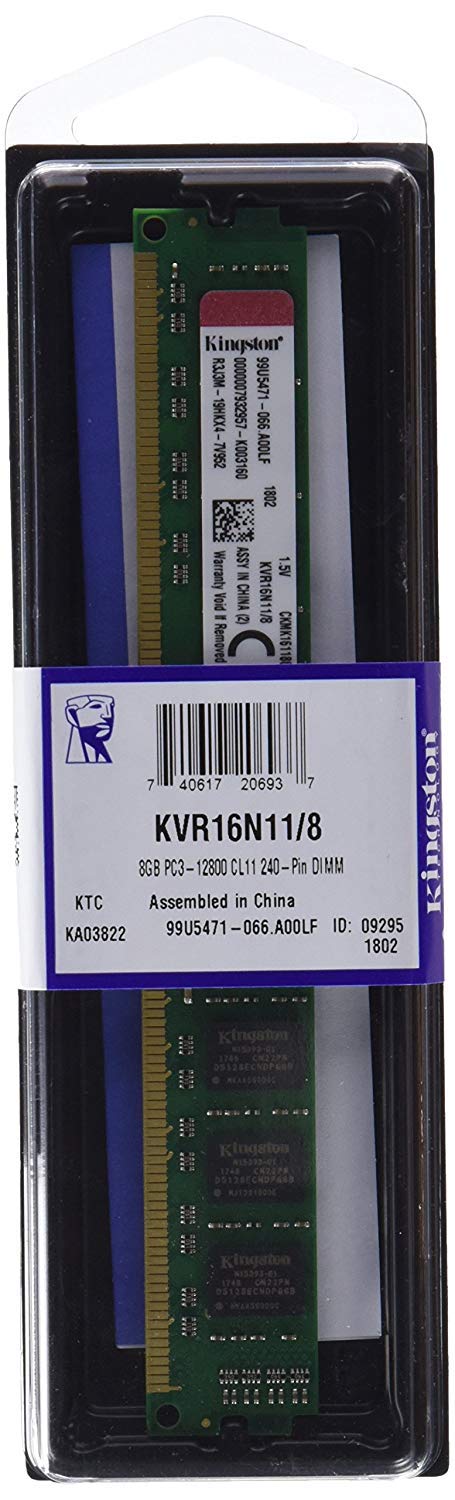 Kingston ValueRAM 8 GB 1600MHz DDR3 (PC3-12800) Non-ECC CL11 240 Pin DIMM Motherboard Memory (KVR16N11/8)