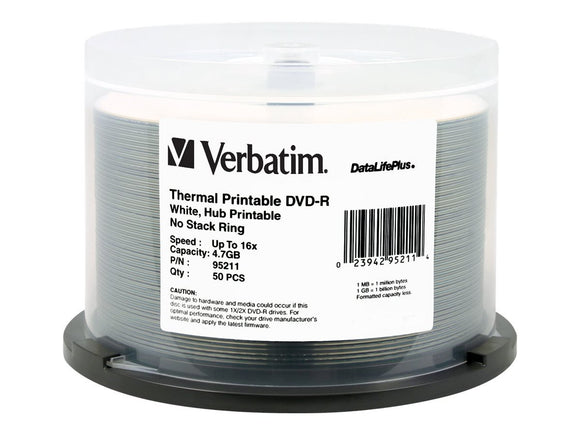 Verbatim DVD-R 4.7GB 16X DataLifePlus White Thermal Printable, Hub Printable - 50pk Spindle