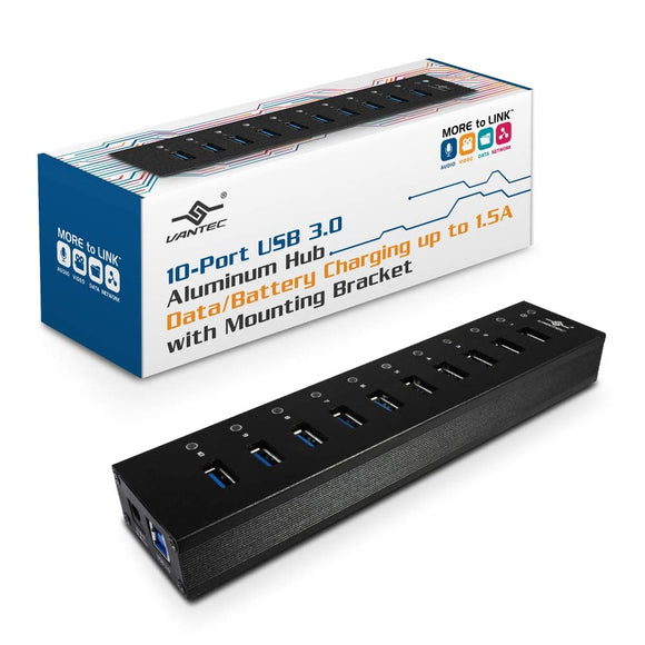 Vantec 10-Port USB 3.0 Hub, Aluminum, Full Powered, Mountable, with All Ports Data & Charging Up to 1.5A, BC 1.2, Premium 12V/5A, 60W Power Adapter (UGT-AH110U3-BK)