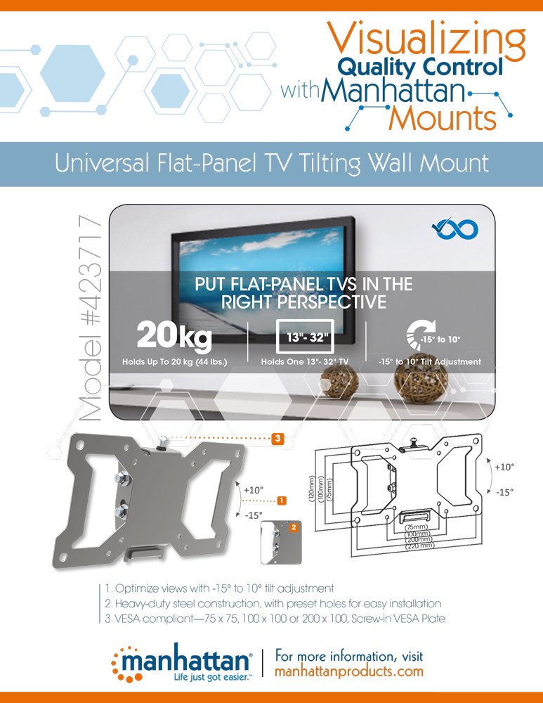 MANHATTAN Universal Flat Panel TV/Tilt Monitor Wall Mount Compatible with 13"to 31" Television 423717