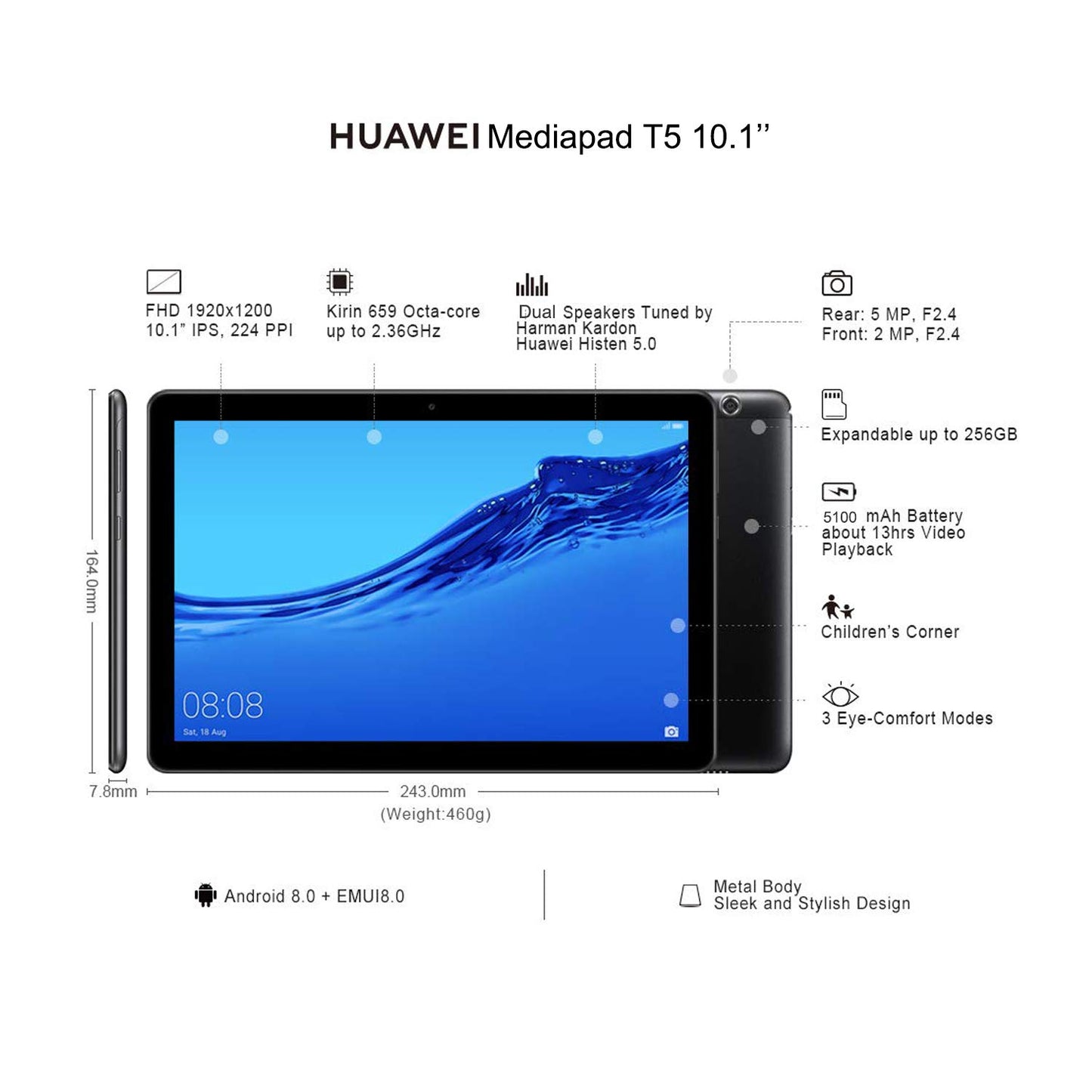 Huawei MediaPad T5 Tablet with 10.1" IPS FHD Display, Octa Core, Dual Harman Kardon-Tuned Speakers, WiFi Only, 2GB+16GB, Black (US Warranty)