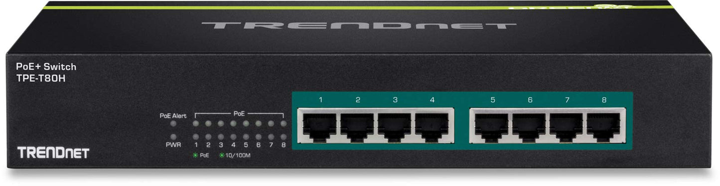 TRENDnet 8-Port 10/100 Mbps GREENnet PoE+ Switch Rack Mountable, 8 x 10/100 Mbps PoE+ Ports, Up to 30 Watts Per Port with 125 W Total Power Budget, TPE-T80H