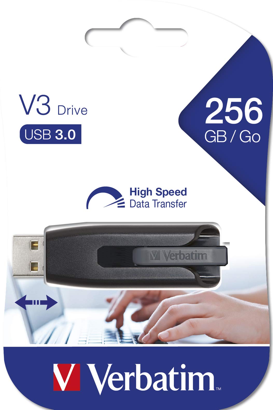 Verbatim 256GB USB 3.0 Store 'n' Go V3 Flash Drive - Cap-Less & PC / Mac Compatible - Gray