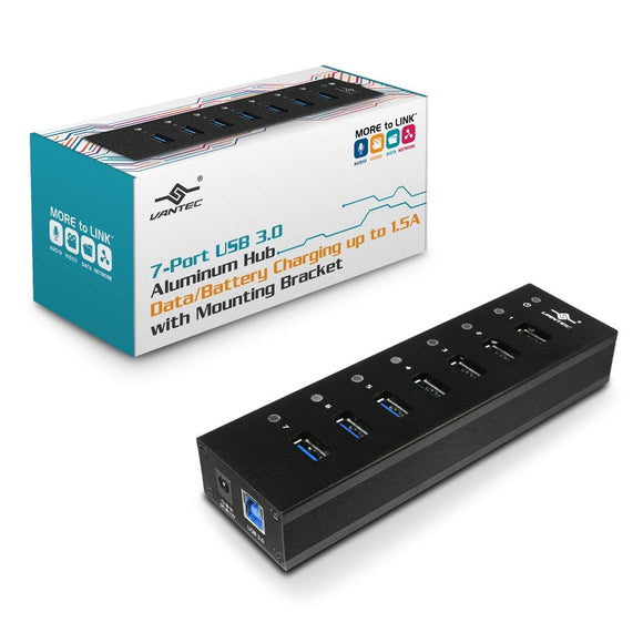 Vantec 7-Port USB 3.0 Hub, Aluminum, Full Powered, Mountable, with All Ports Data & Charging Up to 1.5A, BC 1.2, Premium 12V/3A, 36W Power Adapter (UGT-AH710U3-BK)