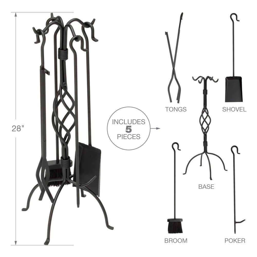 Uniflame 5-Piece Black Wrought Iron Fireset with Center Weave