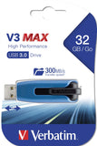 Verbatim 32GB USB 3.0 Store 'n' Go V3 Max Flash Drive - Cap-Less & PC / Mac Compatible - Blue
