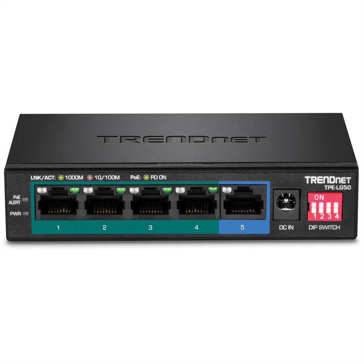 TRENDnet 5-Port Gigabit Long Range PoE+ Switch, TPE-LG50, 4 x PoE+ Ports, 1 x Gigabit Port, Camera DIP Switch extends PoE+ 200m (656 ft.), Lifetime Protection