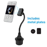 Macally Universal Magnetic Car Cup Holder Mount for iPhone Xs Max XR X 8 Plus 7 Plus 6S 6 Plus, Samsung Galaxy S9 S8 S7 Note & Most Cell Phones - Extra Long Neck & 2 Metal Sheets (MCUPMAG)