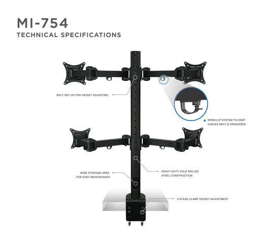 Monitor Desk Mount - Black - Articulating/Full-Motion Desktop Mount for Four Mon