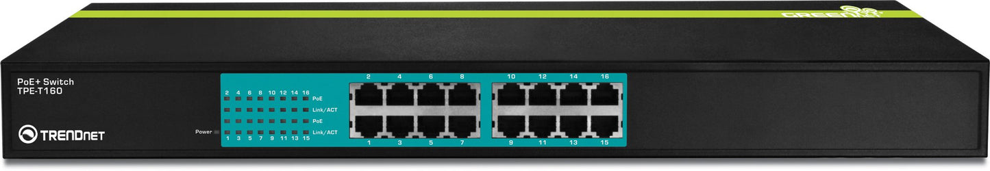 TRENDnet 16-Port 10/100Mbps GREENnet PoE+ Switch, 30 W per PoE+ Port, 3.2 Gbps Switching Capacity, Rack Mountable, TPE-T160