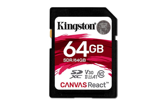 Kingston 64GB SDXC Canvas React 100R/80W CL10 UHS-I U3 V30 A1