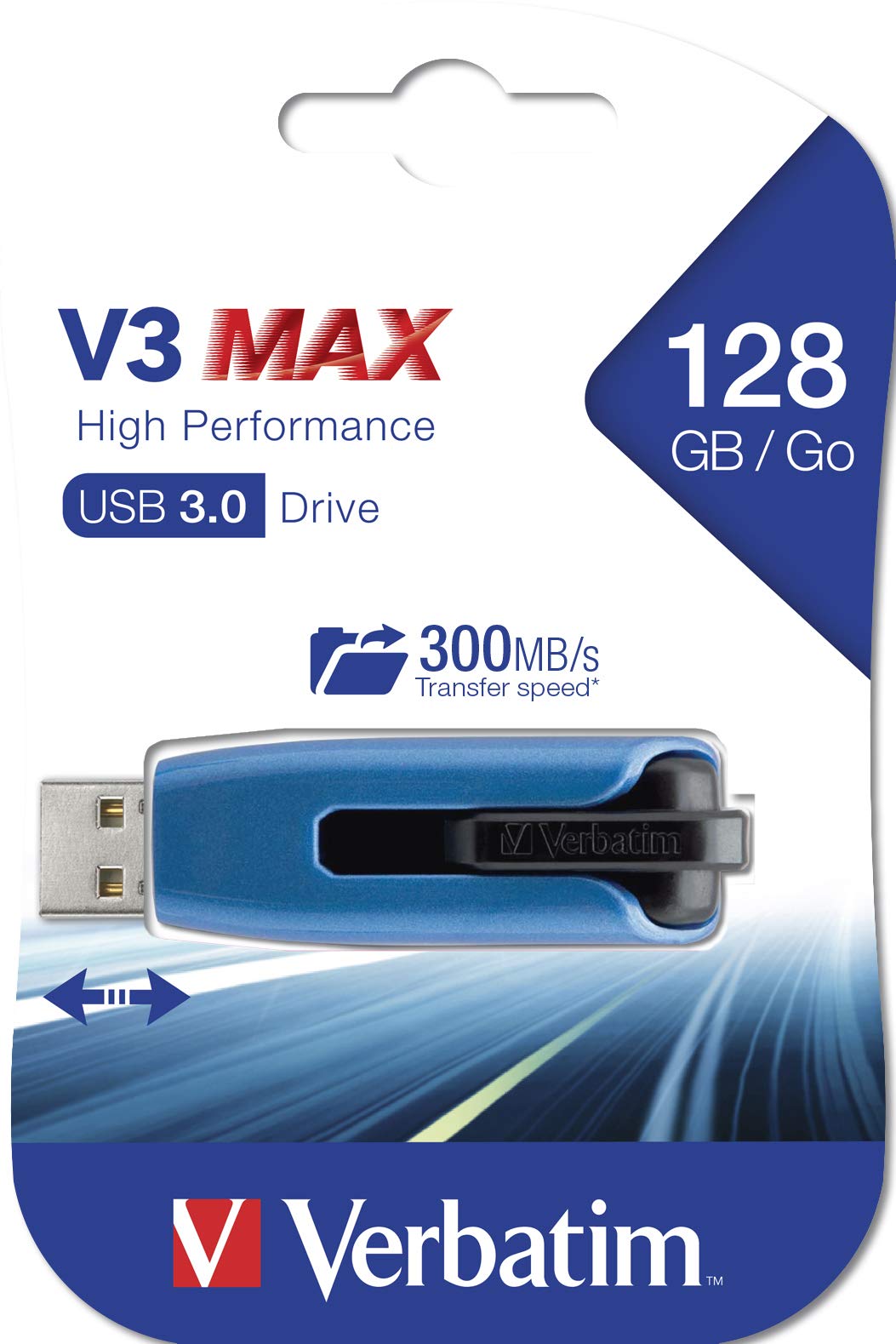 Verbatim 128GB USB 3.0 Store 'n' Go V3 Max Flash Drive - Cap-Less & PC / Mac Compatible - Blue