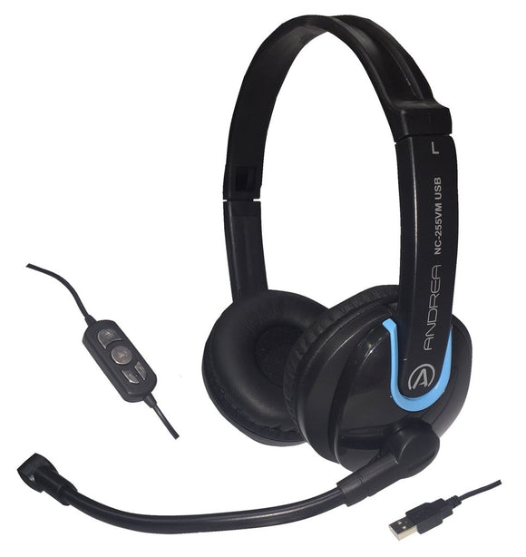 Andrea Communications NC-255VM USB On-Ear Stereo USB Computer Headset with Noise-Canceling Microphone, in-Line Volume/Mute Controls, and Plug