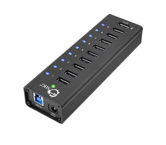 SIIG 10 Port USB Hub with 9 USB 3.0 Data Ports and 1 Charging Port, 12V/5A Power Adapter, for Tablets, Smartphones, Hard Disk