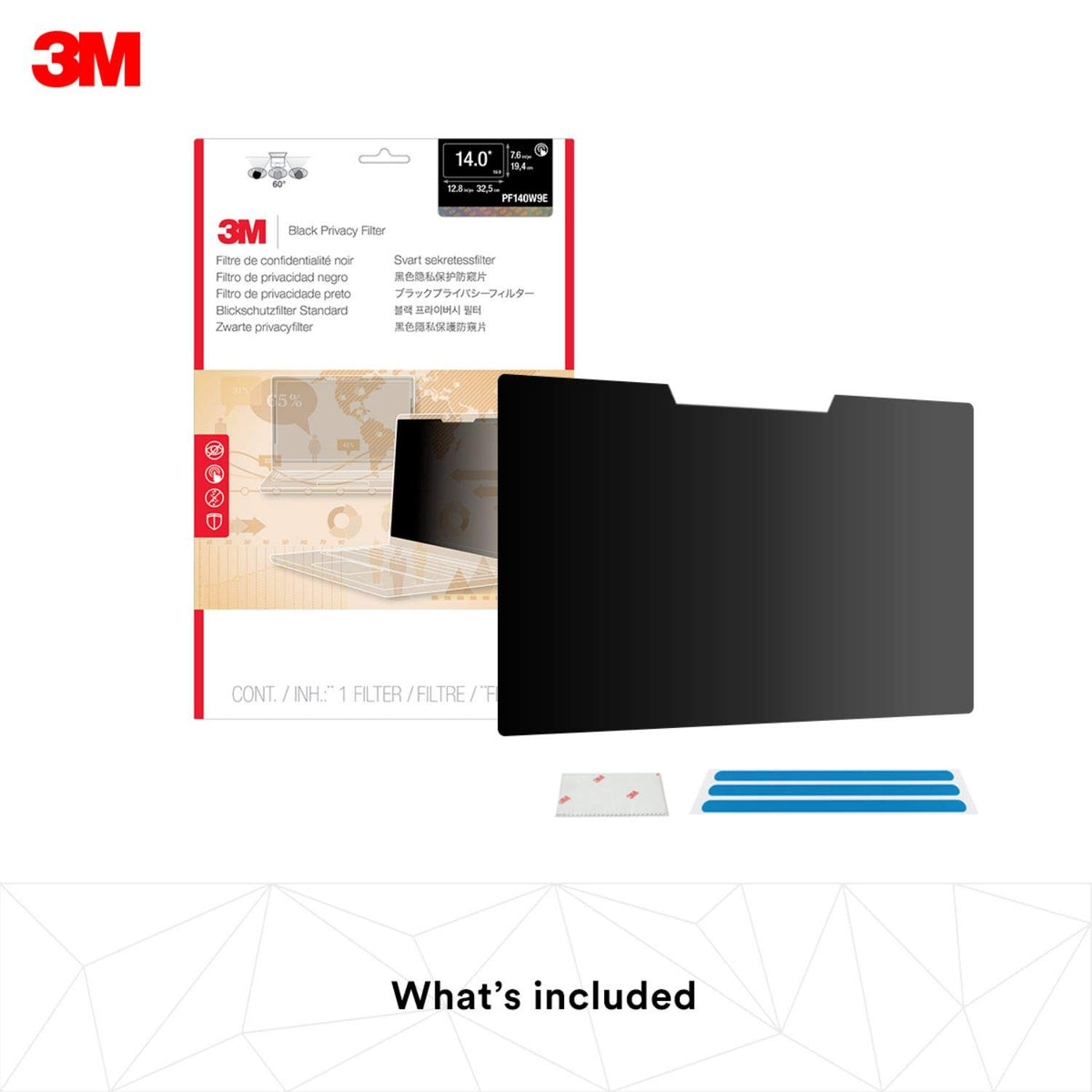 3M Laptop Screen Privacy Filter for 14 inch Monitors - Black - Full-Screen Touch - Widescreen 16:9 - PF140W9E