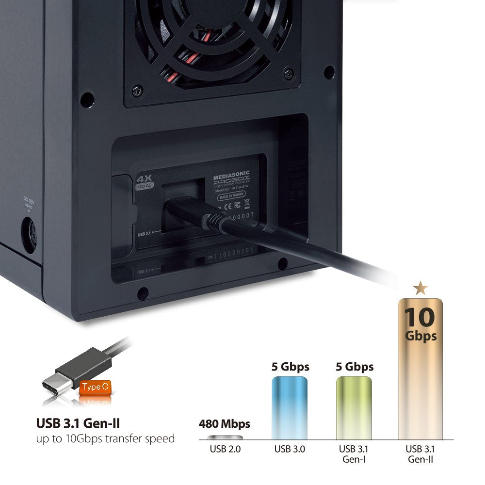 Mediasonic USB 3.1 4 Bay 3.5" SATA Hard Drive Enclosure - USB 3.1 Gen 2 10Gbps Type C/USB-C (HF7-SU31C)