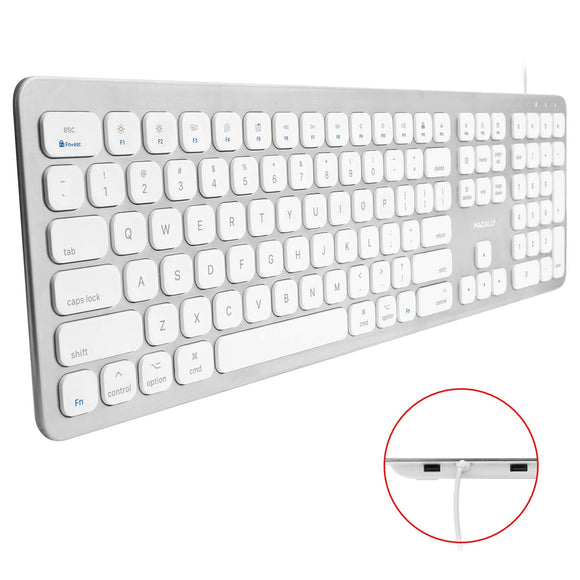 Macally Ultra Slim USB Wired Keyboard with 2 USB Ports Full-Size with Number Pad for Mac - Compatible with Apple Mac Mini/iMac Desktops (WKEYHUBMB)