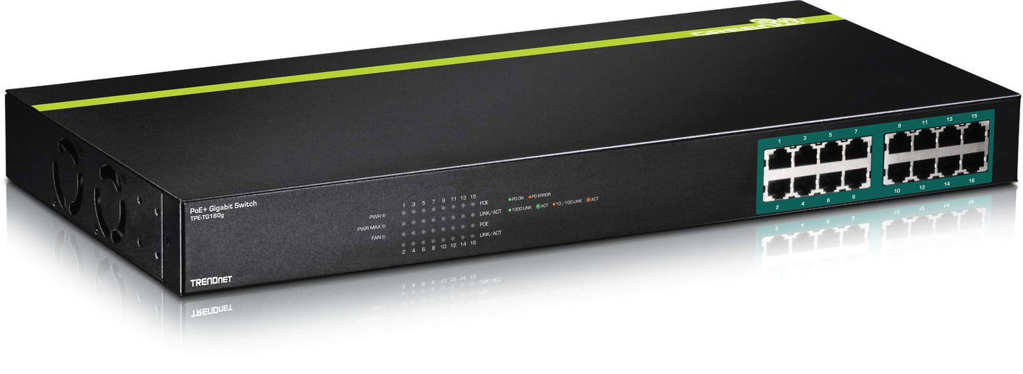 TRENDnet 16-Port Gigabit PoE+ Switch, 16 x Gigabit PoE+ Ports, TPE-TG160g, 246W PoE Power Budget, 32 Gbps Switching Capacity, Desktop Switch, Ethernet Network Switch, Metal, Lifetime Protection