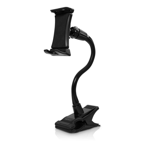 Macally Flexible Gooseneck Tablet Holder, Clamp Mount Stand with Lazy Arm Phone Holder Clip, Black