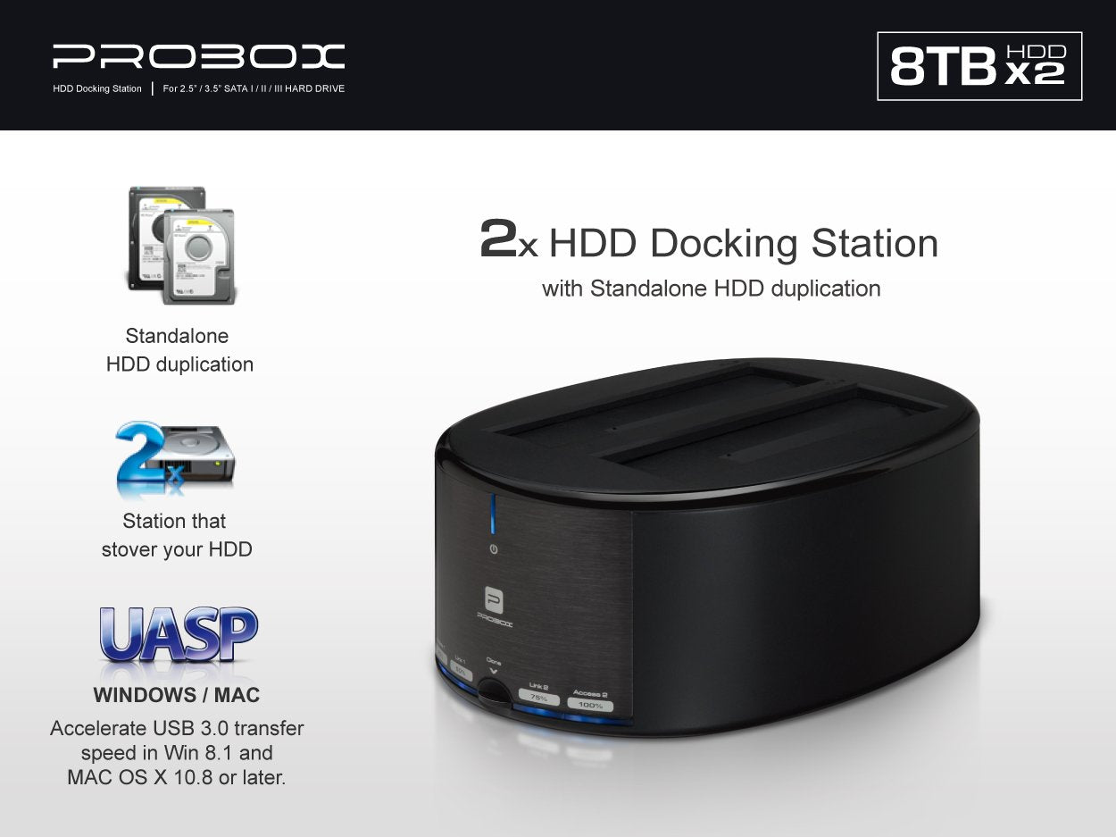 Mediasonic USB 3.0 2 Bay 2.5" / 3.5" SATA SSD / Hard Drive Docking Station w/ Clone Function Support SATA 3 / UASP (HUD1-SU3)