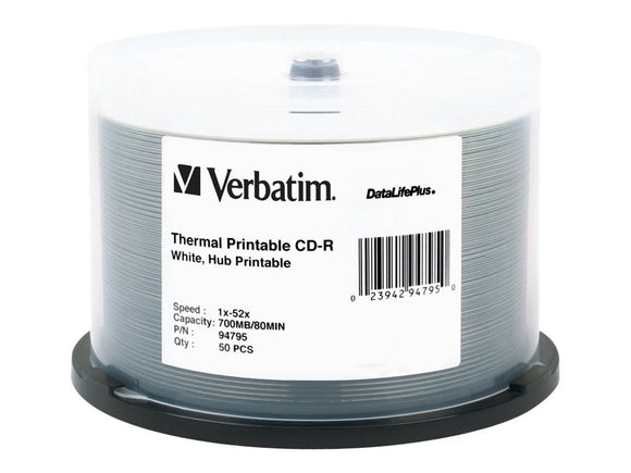 Verbatim 700MB 52x DataLifePlus White Thermal Hub Printable Recordable Disc CD-R, 50-Disc Spindle 94795