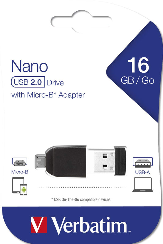 Verbatim 16GB Nano USB Flash Drive with USB OTG Micro Adapter - Black