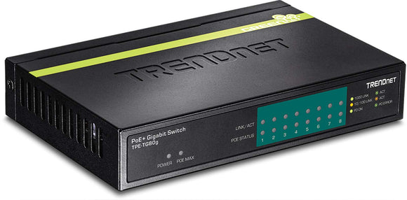 TRENDnet 8-Port Gigabit PoE+ Switch, TPE-TG80G, 8 x Gigabit PoE+ Ports, 123 W PoE Power Budget, 16 Gbps Switching Capacity, Desktop Switch, Ethernet Network Switch, Metal, Lifetime Protection