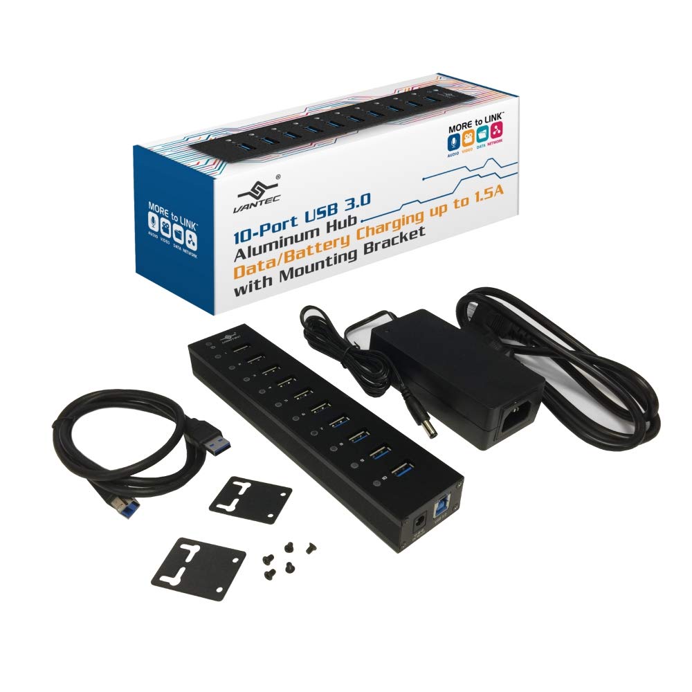 Vantec 10-Port USB 3.0 Hub, Aluminum, Full Powered, Mountable, with All Ports Data & Charging Up to 1.5A, BC 1.2, Premium 12V/5A, 60W Power Adapter (UGT-AH110U3-BK)