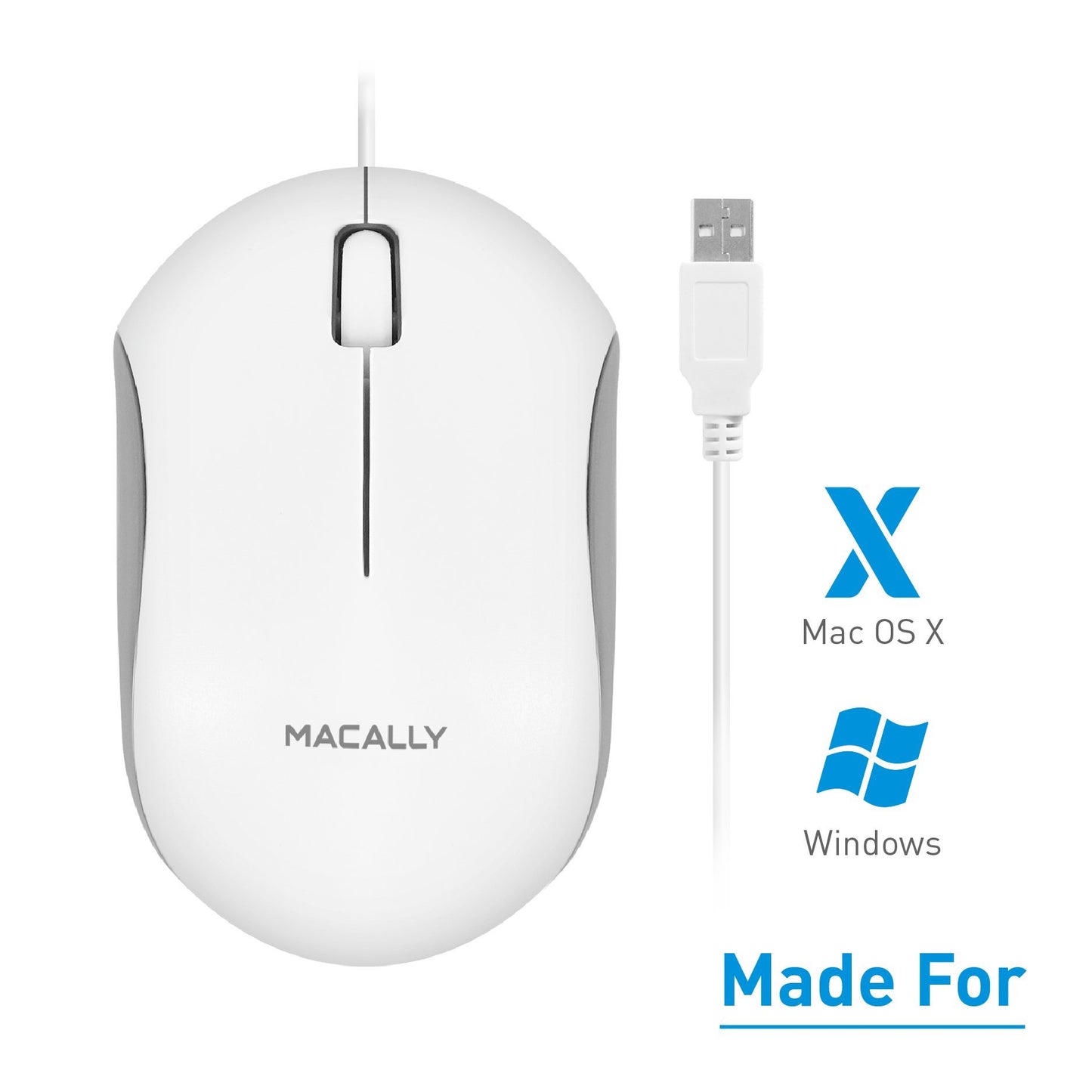 Macally USB Wired Computer Mouse - 3 Button, Scroll Wheel, 5 Foot Long Cord, Windows PC Compatible, Apple MacBook Pro/Air, iMac, Mac Mini, Laptops - White (QMOUSE)