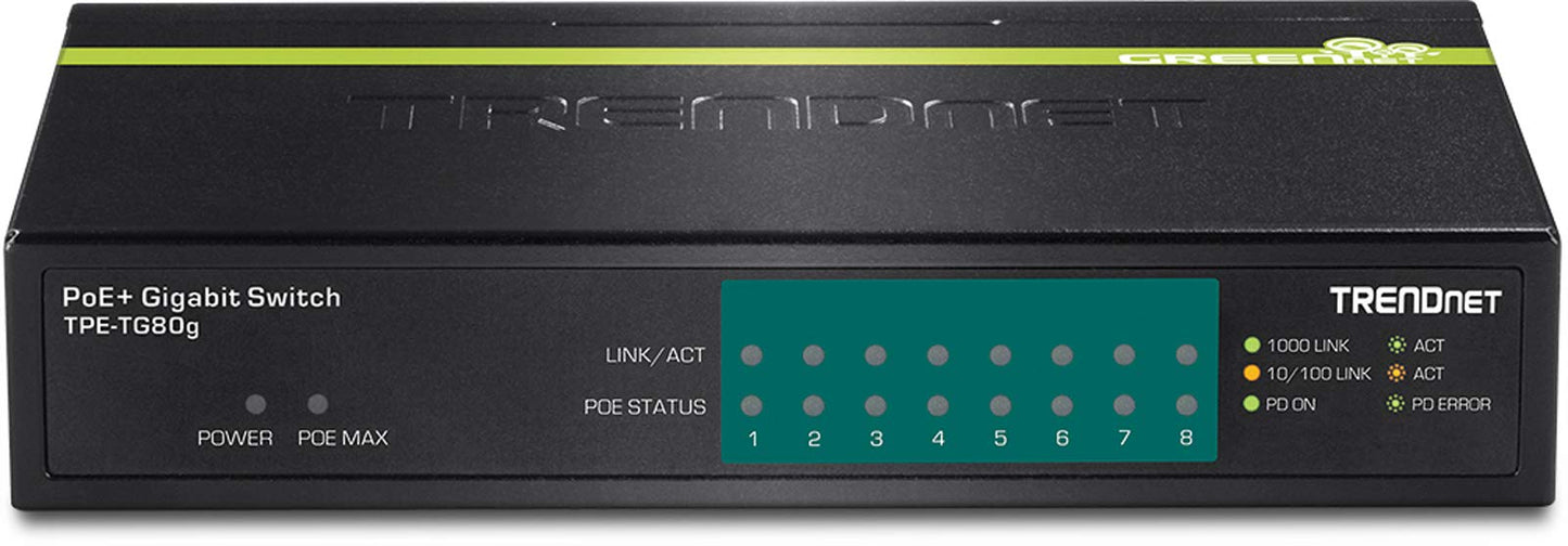 TRENDnet 8-Port Gigabit PoE+ Switch, TPE-TG80G, 8 x Gigabit PoE+ Ports, 123 W PoE Power Budget, 16 Gbps Switching Capacity, Desktop Switch, Ethernet Network Switch, Metal, Lifetime Protection