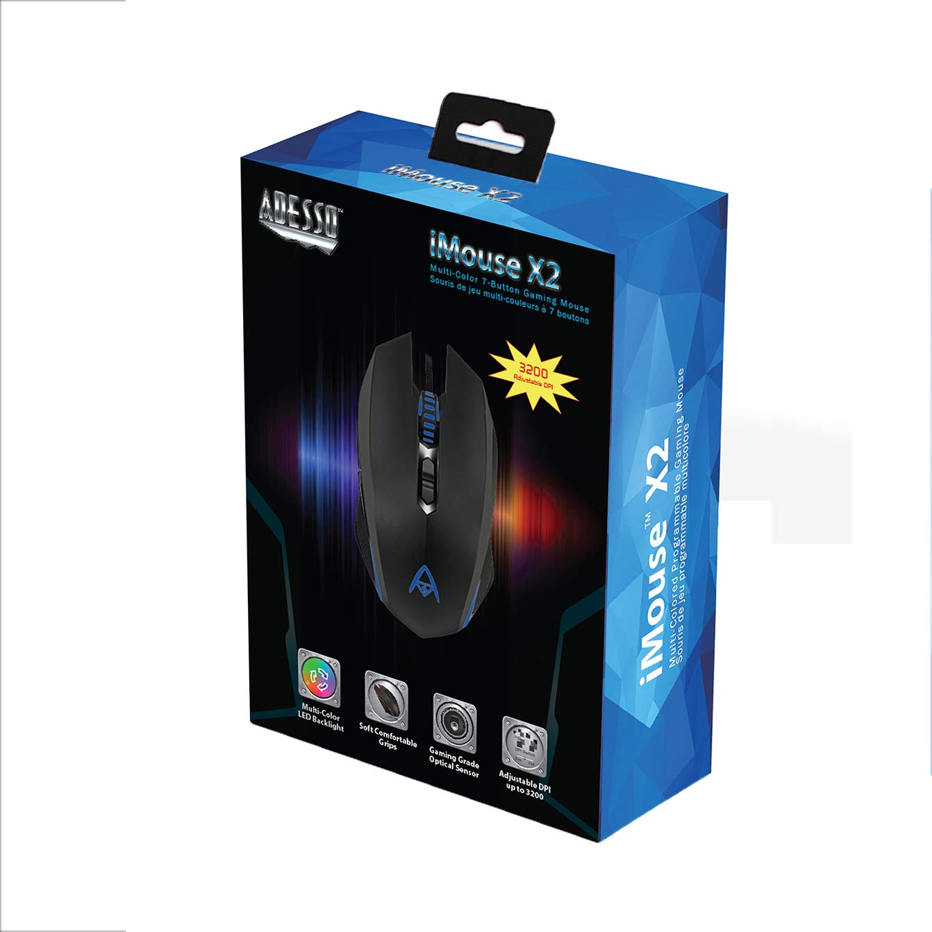 Adesso iMouse X2 Multi Color 7 Button Optical Ergonomic Gaming Mouse with 6 Foot USB Cable Wire and 7 Levels DPI Switch