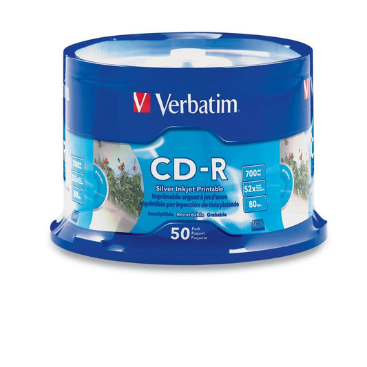 Verbatim 700MB 52x 80 Minute Inkjet Printable Recordable Disc CD-R - 50 Disc Spindle, Silver  95005