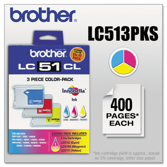 Brother Genuine Standard Yield 3 Pack Color Ink Cartridges, LC513PKS, Includes 1 Cartridge Each of Cyan, Magenta & Yellow, Page Yield Up To 400 Pages/Cartridge, Amazon Dash Replenishment Cartridge, LC51